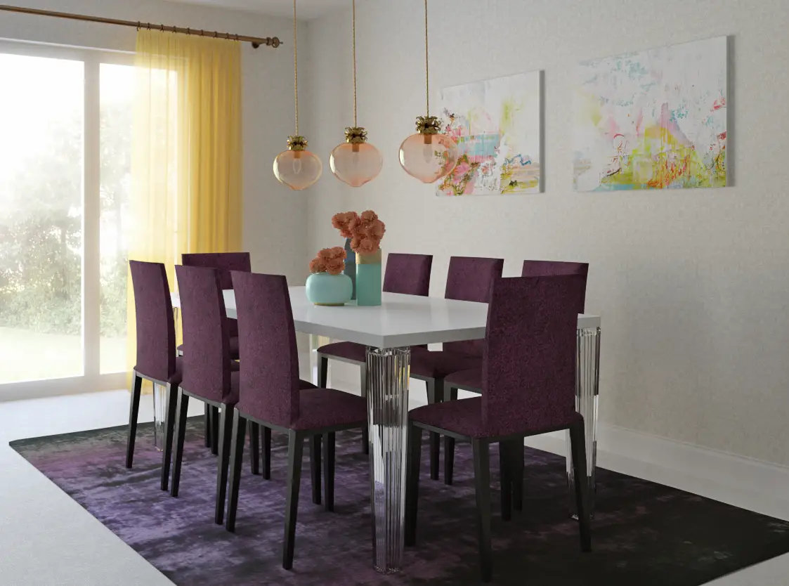 Purple and yellow dining room with modern dining table