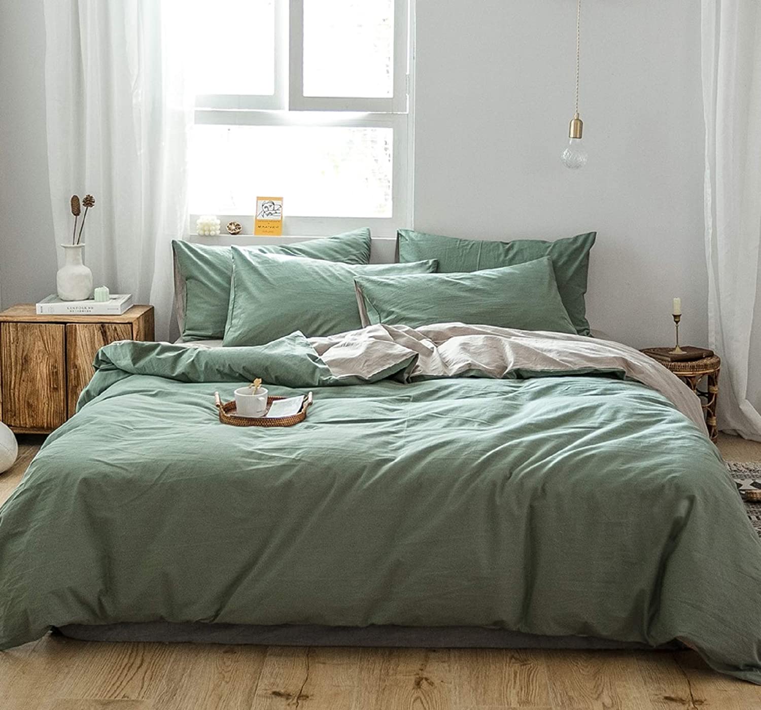 green washed cotton bedding