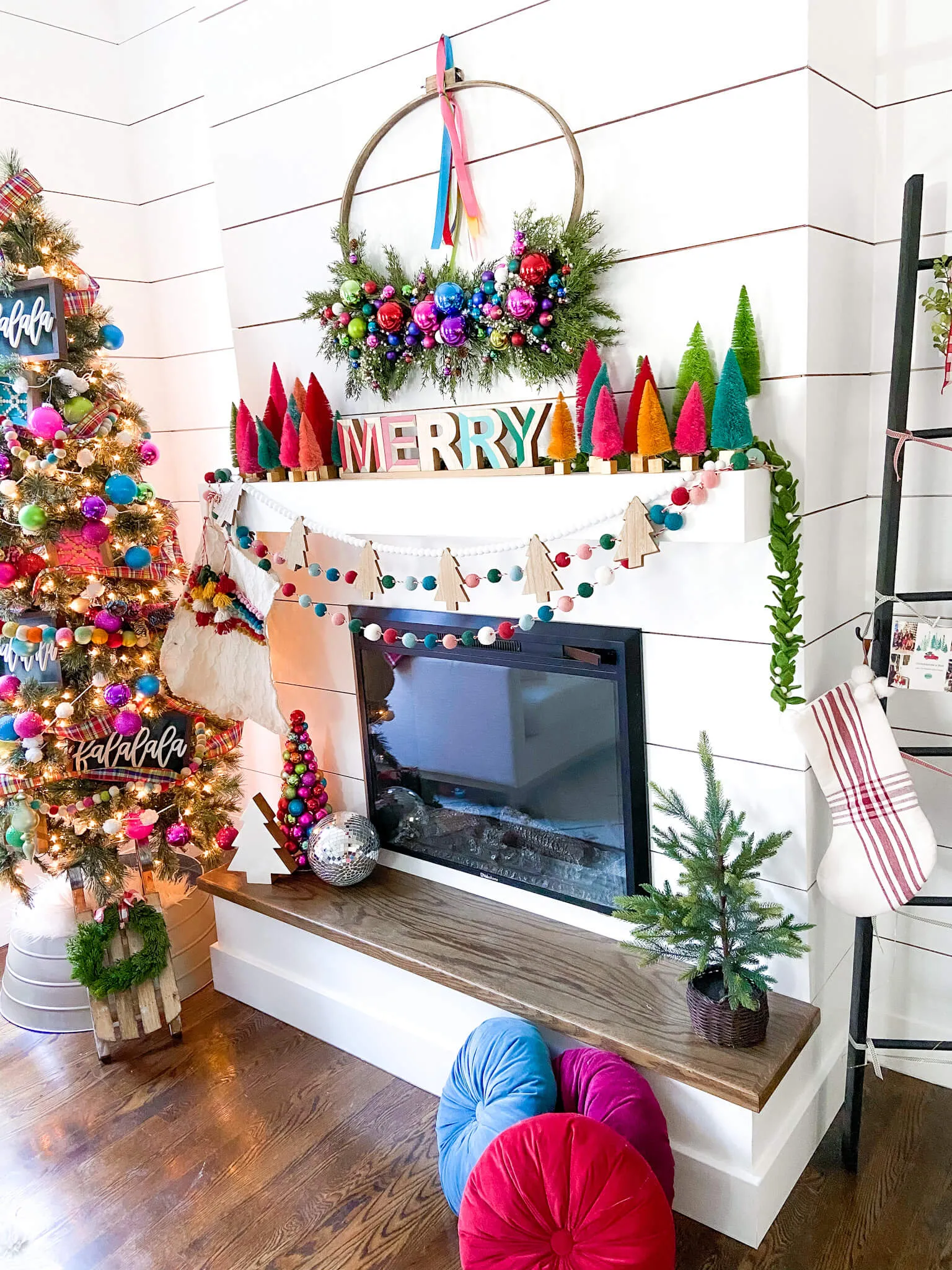 Colourful Christmas tree and mantel decorations