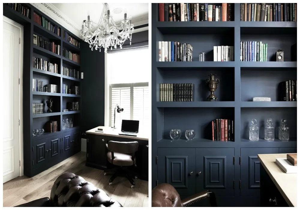 Bespoke study painted in hague blue by Farrow and Ball