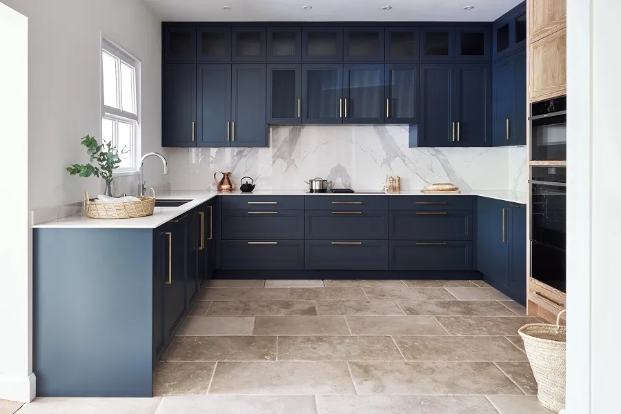 Kitchen painted in Hague Blue by Farrow and Ball