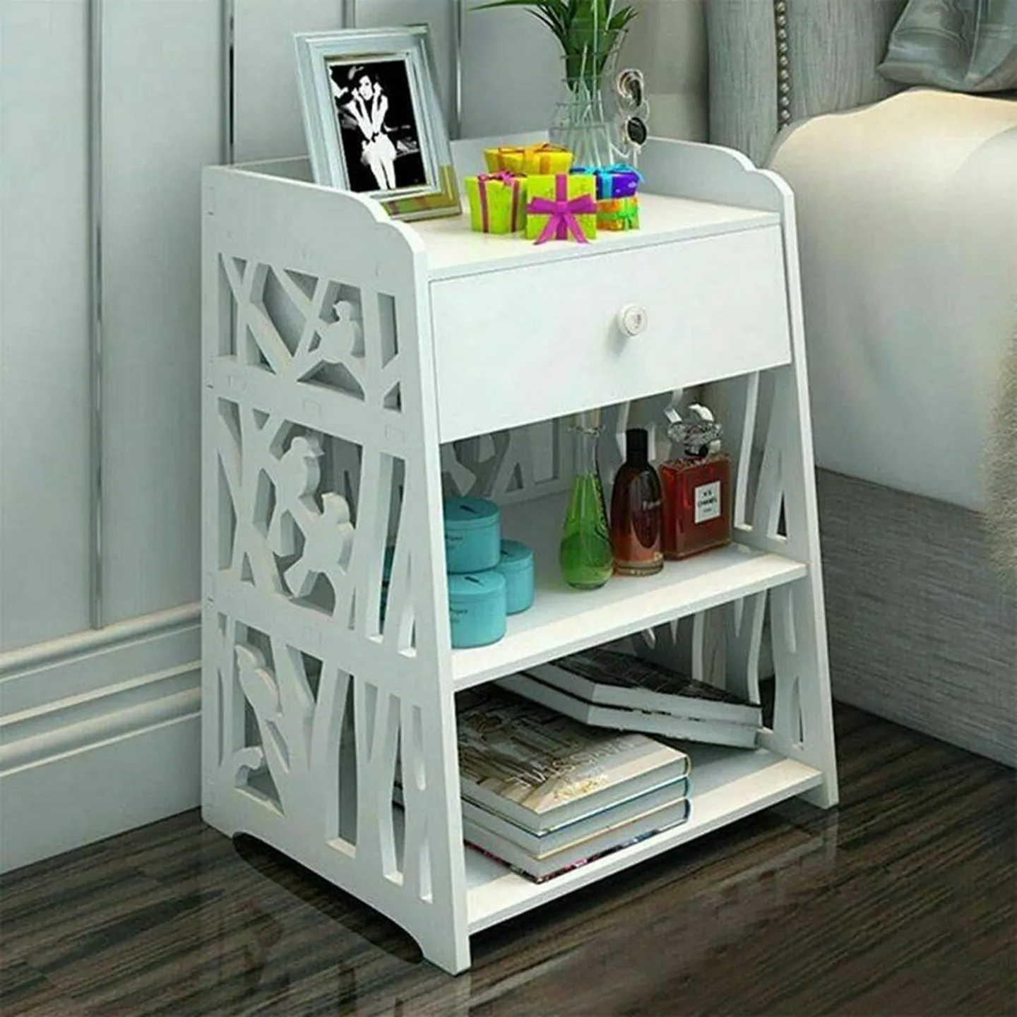 White wooden bedside cabinet