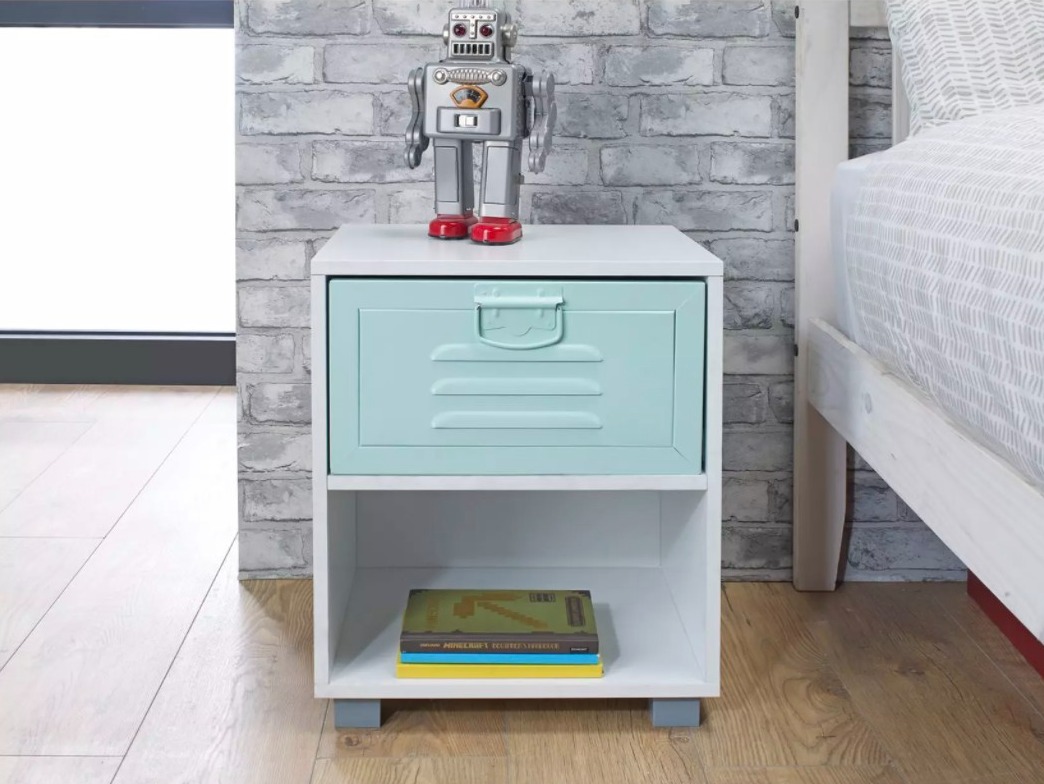 Colourful industrial inspired bedside table in duck egg blue