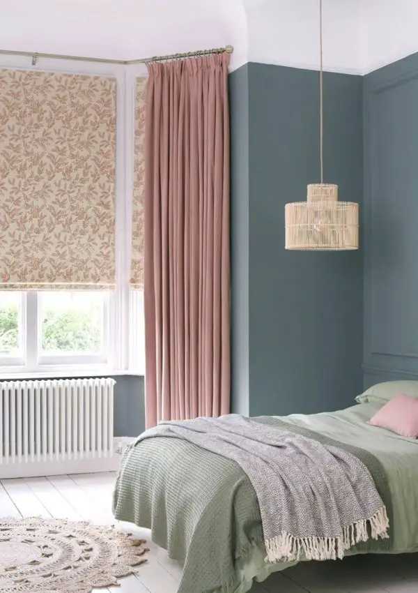 Blush pink curtains for dark blue walls