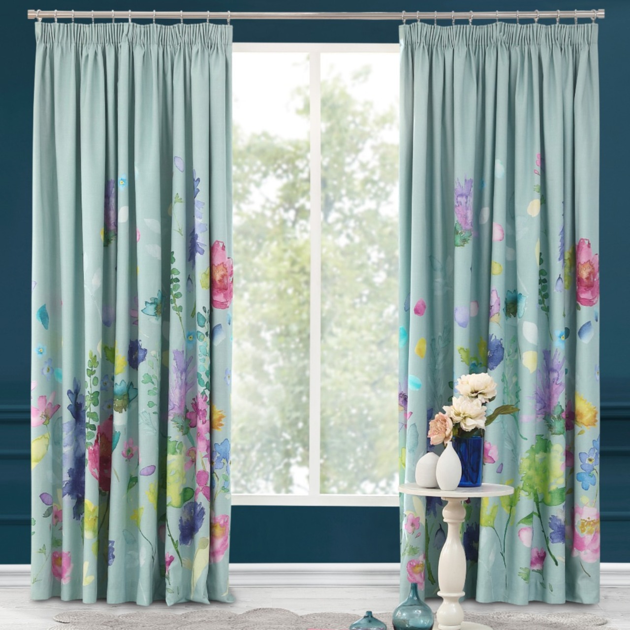 Duck egg Blue Curtains against dark blue walls