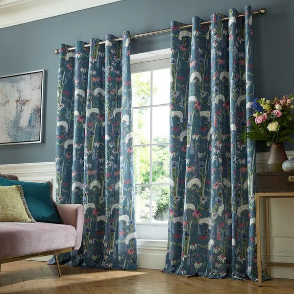 Blue floral curtains for blue walls