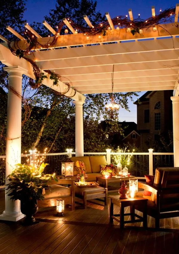Pergola with outdoor lights at night time
