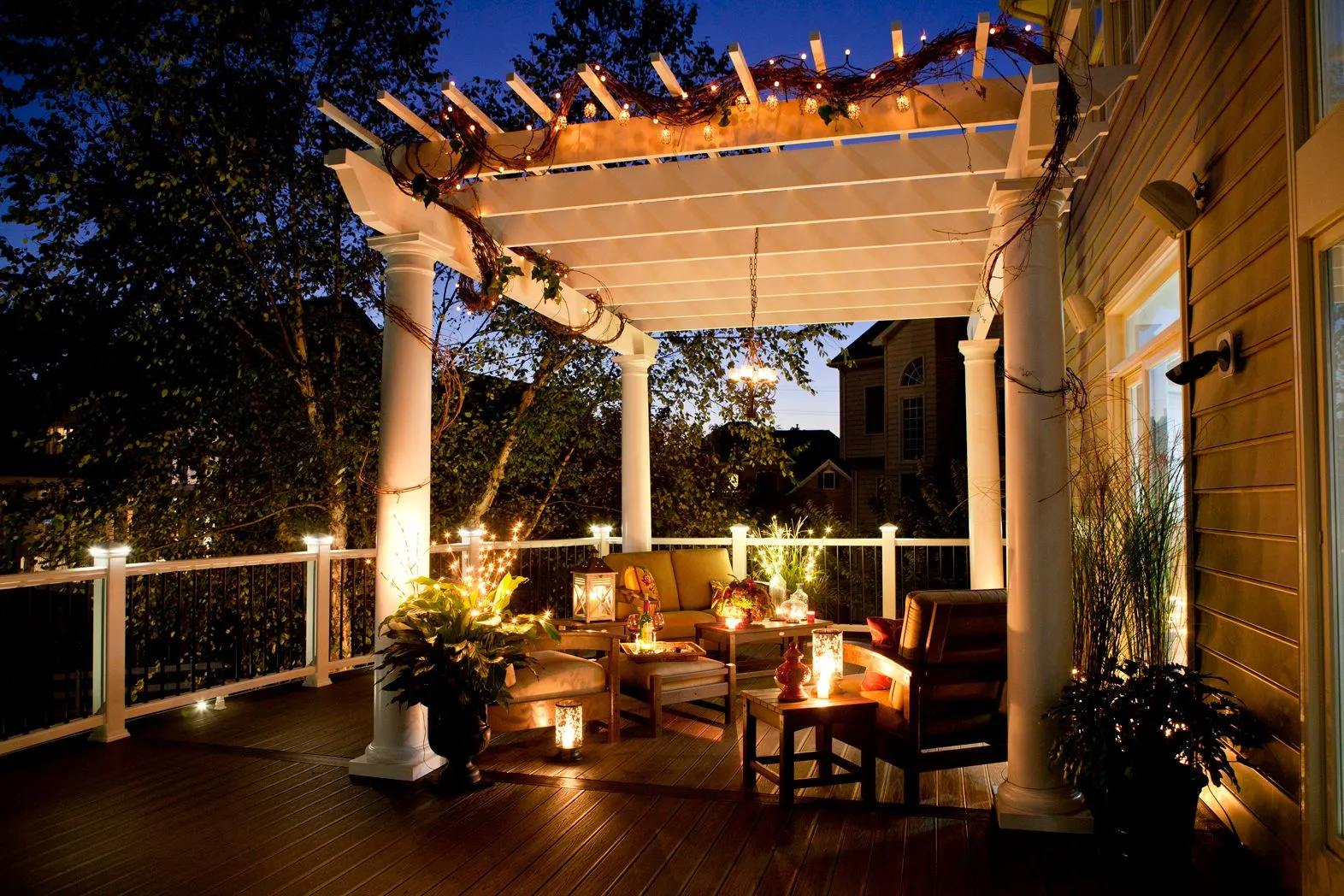 Pergola with outdoor lights at night time