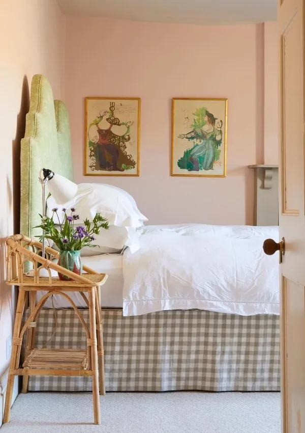 Bedroom painted in farrow and balls pink ground