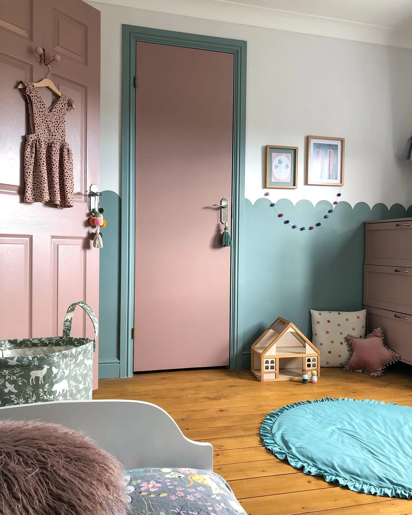Kids bedroom painted in oval room blue, weever, and sulking room pink by farrow and ball