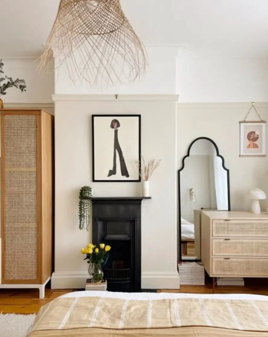 Bedroom painted in Slipper Satin by Farrow and Ball with Black accents