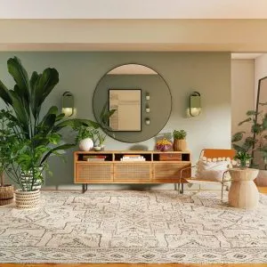 A holiday rental property living room with a large neutral rug and sage green walls. Big leafy plants on the right. In the centre of the room there is a mid century modern sideboard with a round mirror on the wall above.