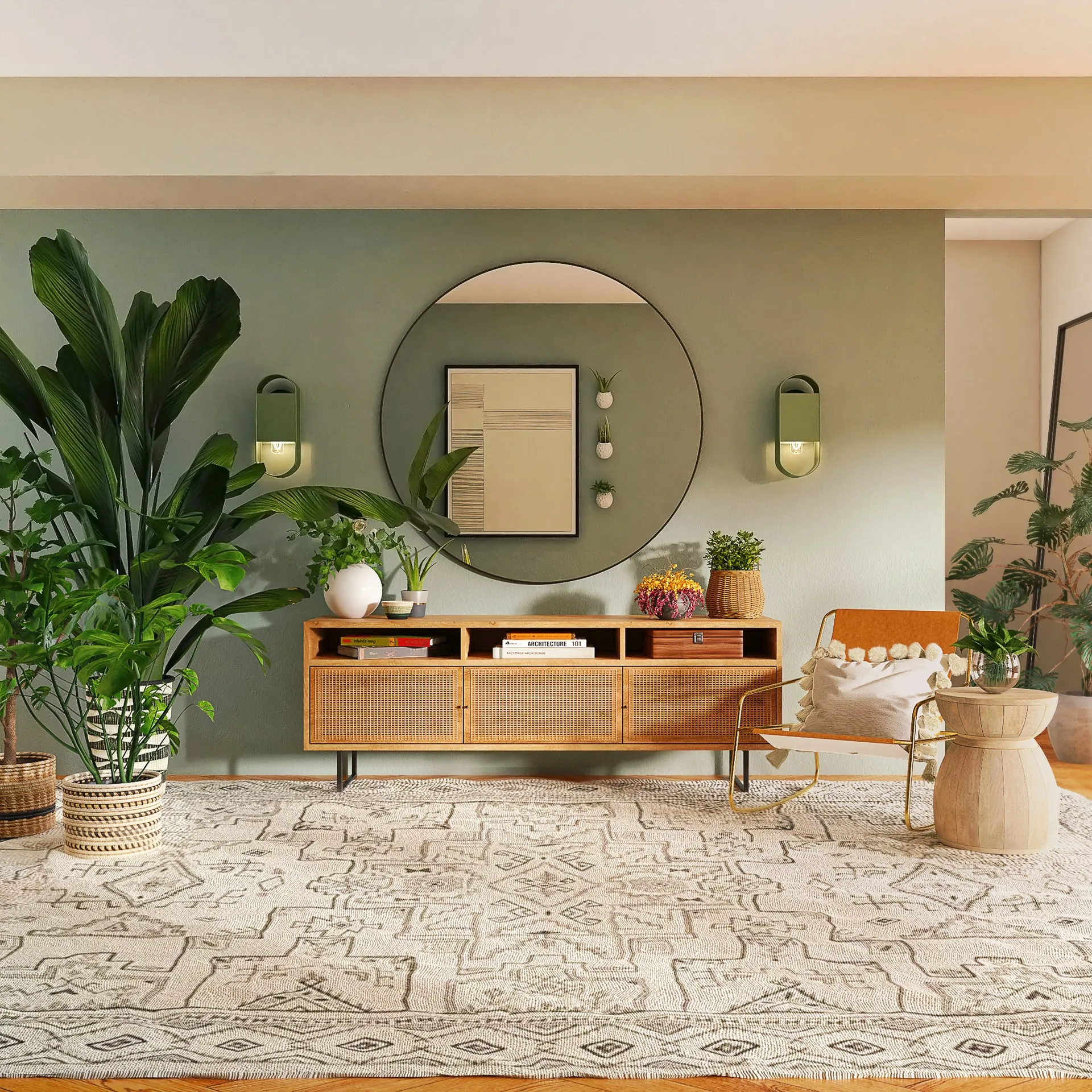 A holiday rental property living room with a large neutral rug and sage green walls. Big leafy plants on the right. In the centre of the room there is a mid century modern sideboard with a round mirror on the wall above.