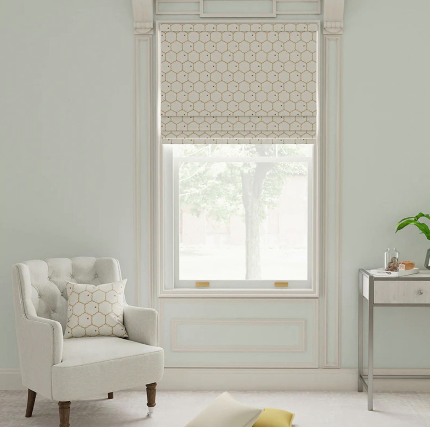 Modern roman blinds with a honeycomb design in a modern minimalist glam living room