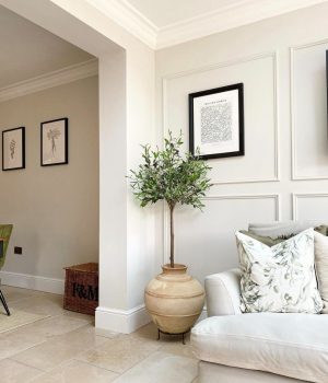 Neutral living room painted in Ammonite by Farrow and Ball