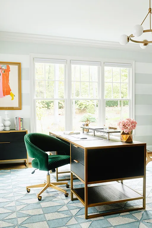 Modern home office painted in grey blue and white stripes