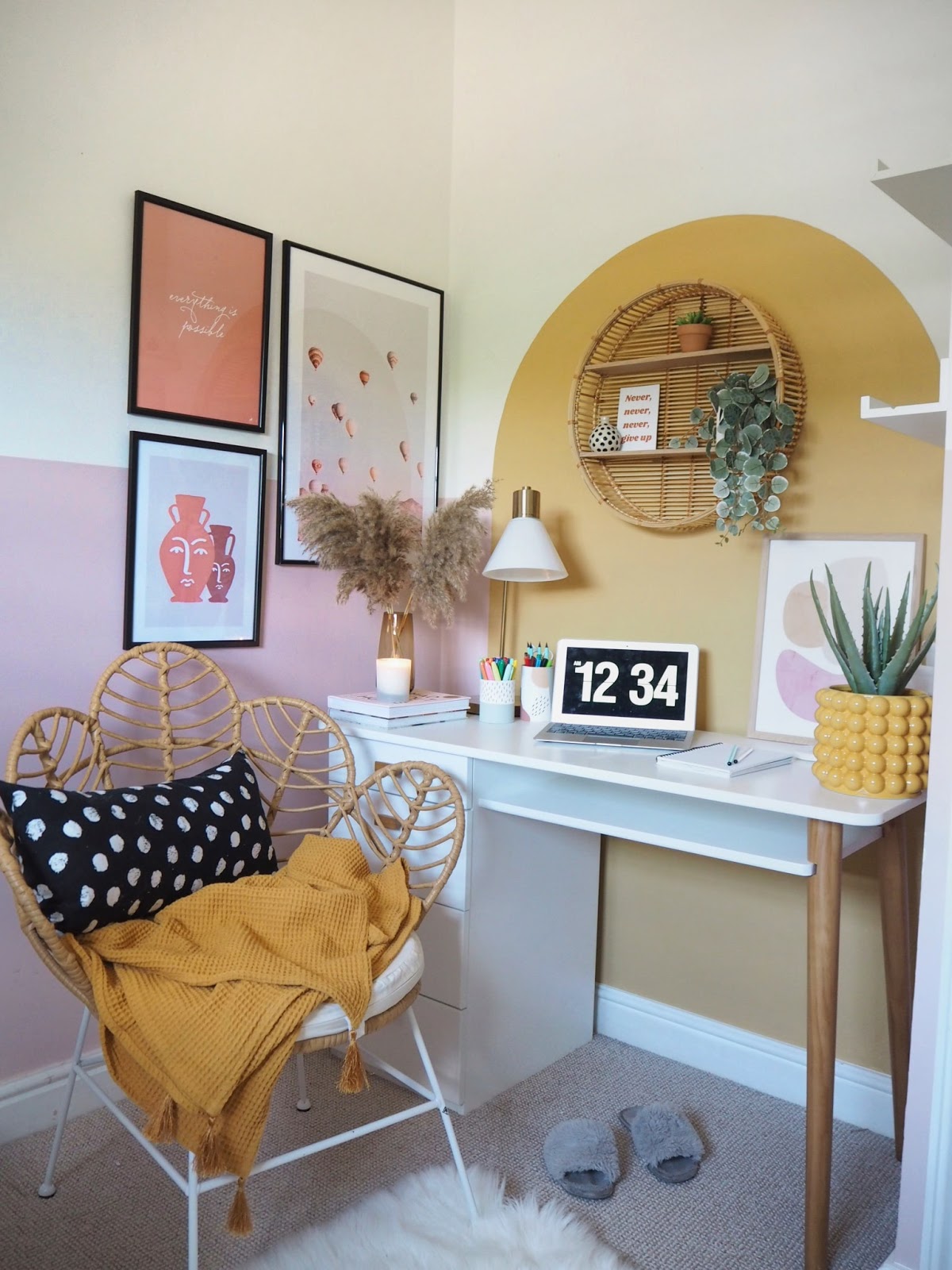 Pink and yellow colour combination on office walls