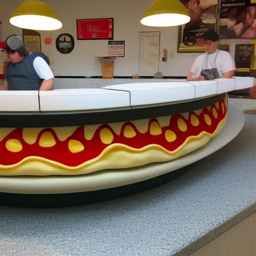 Pizza shop counter design showing a round counter designed to look like the edge of a pizza