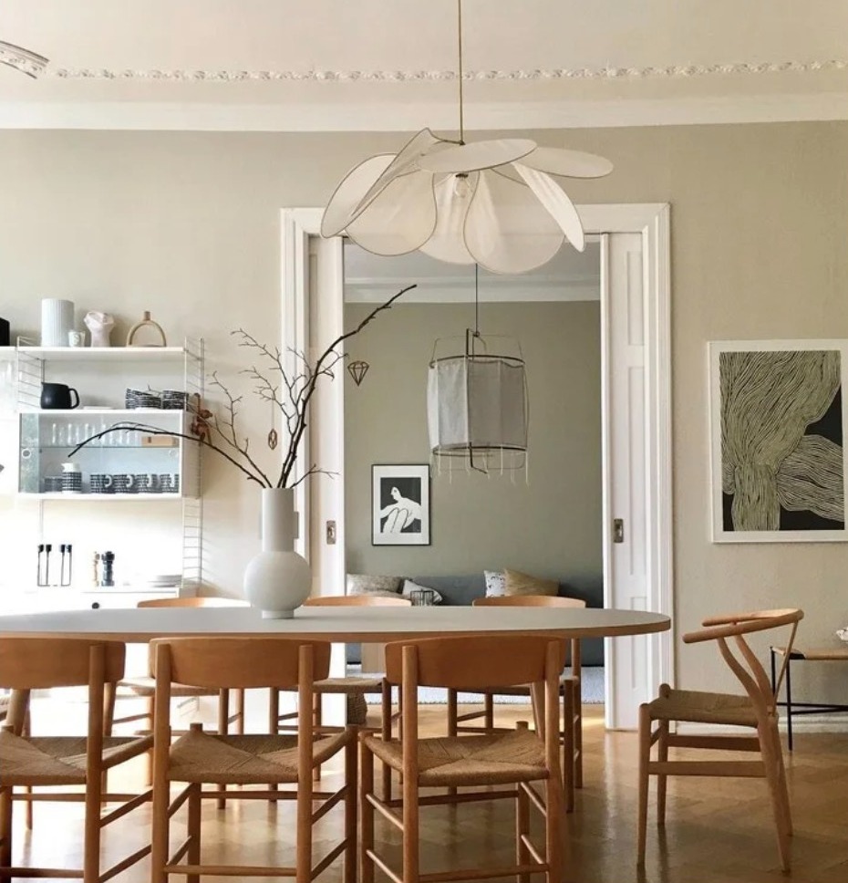 Modern Japandi dining room with Farrow and Ball's Shaded White on the walls