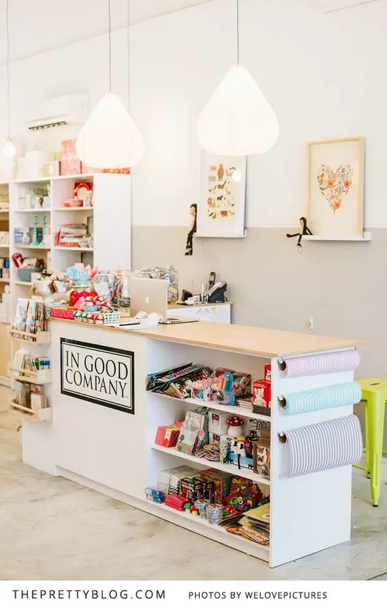 simple modern shop counter design in a gift shop.