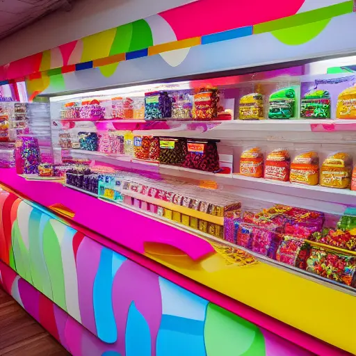 Colourful sweet shop counter design with rows of sweets on shelves behind the counter