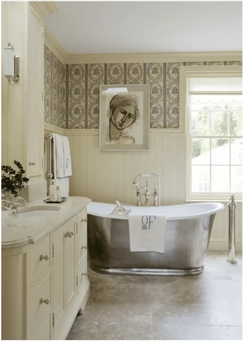 Bathroom with panelling painted in Farrow and Ball Tallow