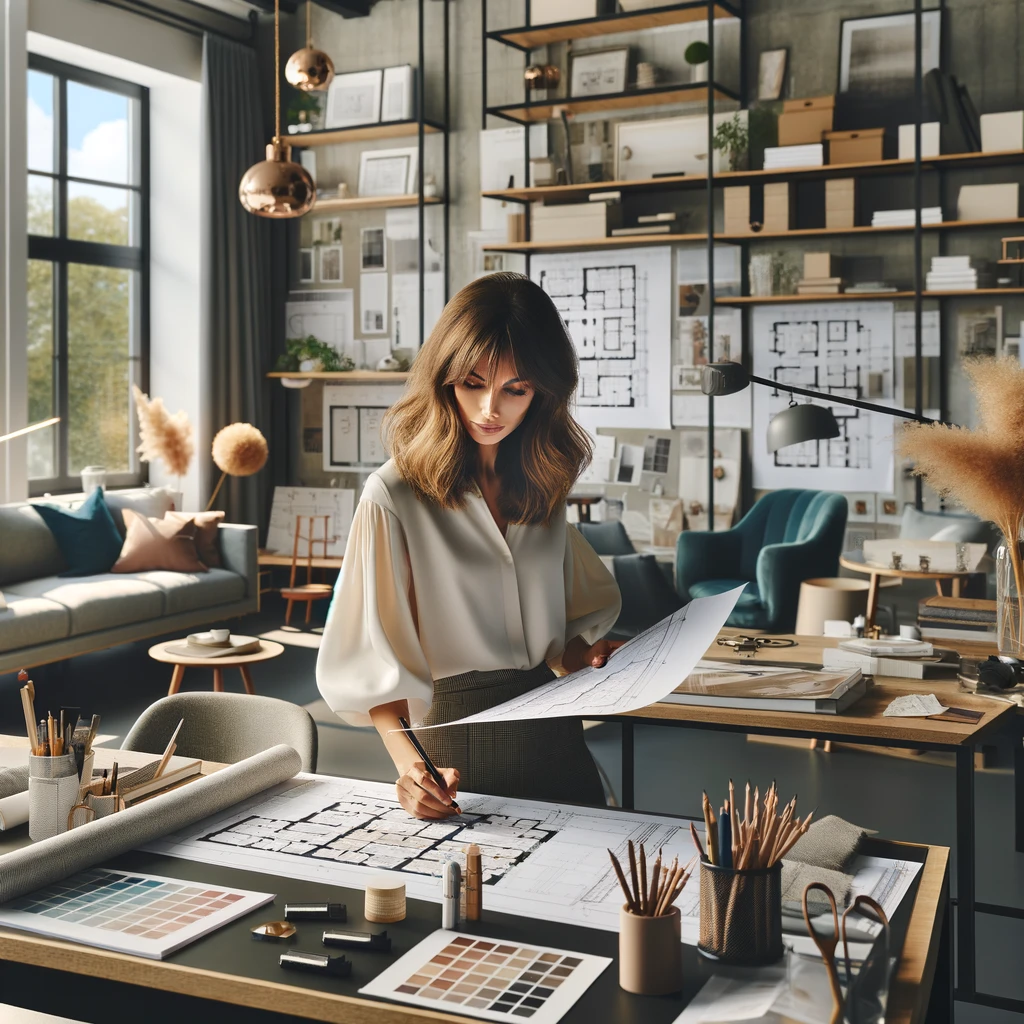 An interior designer in a design studio looking at a floor plan