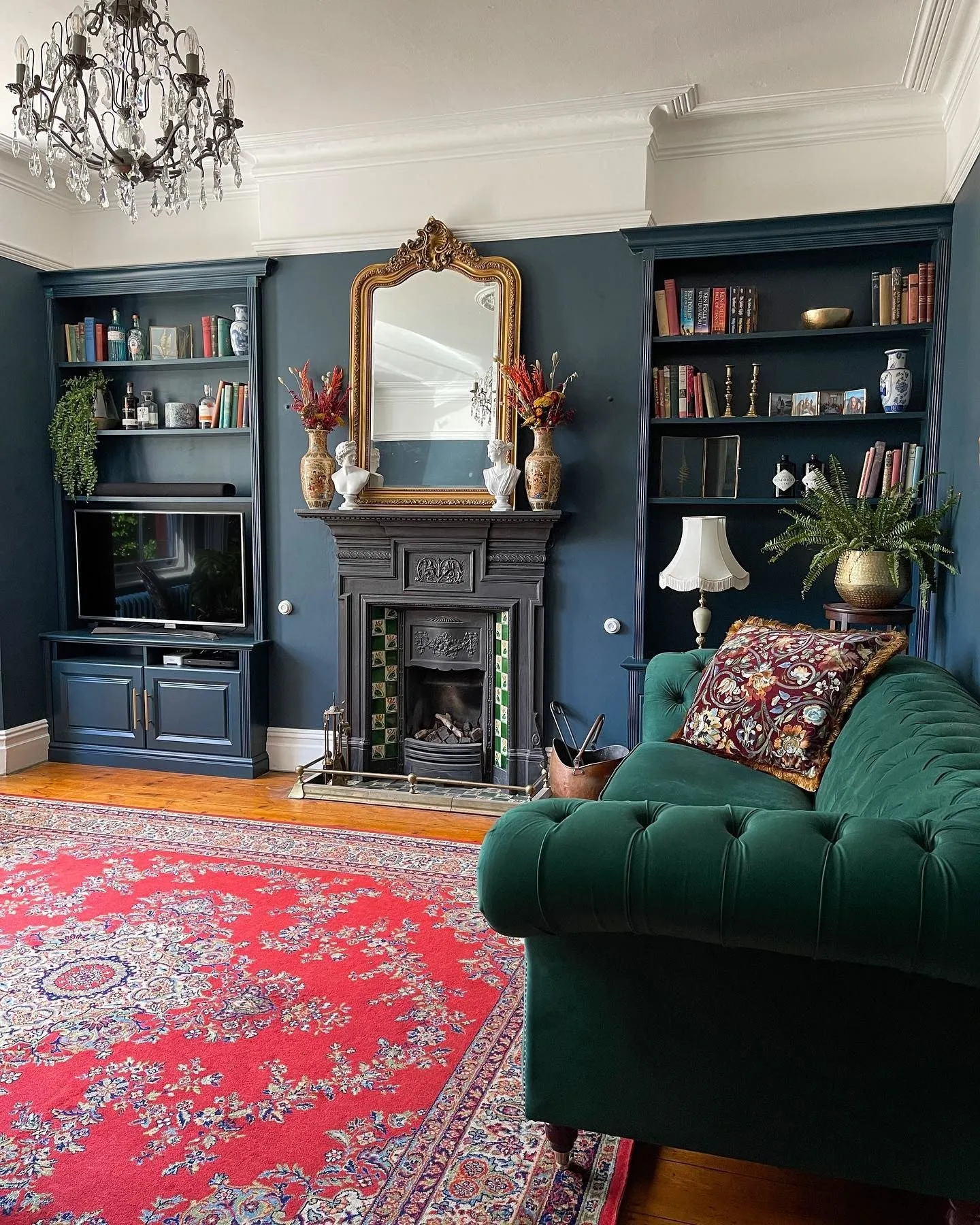 Dark academia aesthetic living room in Hague blue by farrow and ball