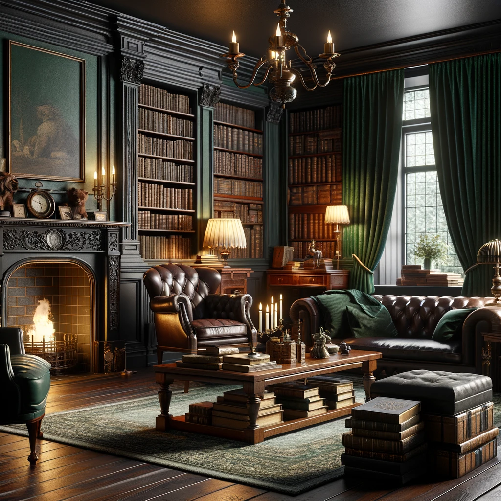 Living room decorated in a dark academia aesthetic with built in bookshelves, Chesterfield doffs and a roaring fireplace. Walls and panelling are painted in dark black.