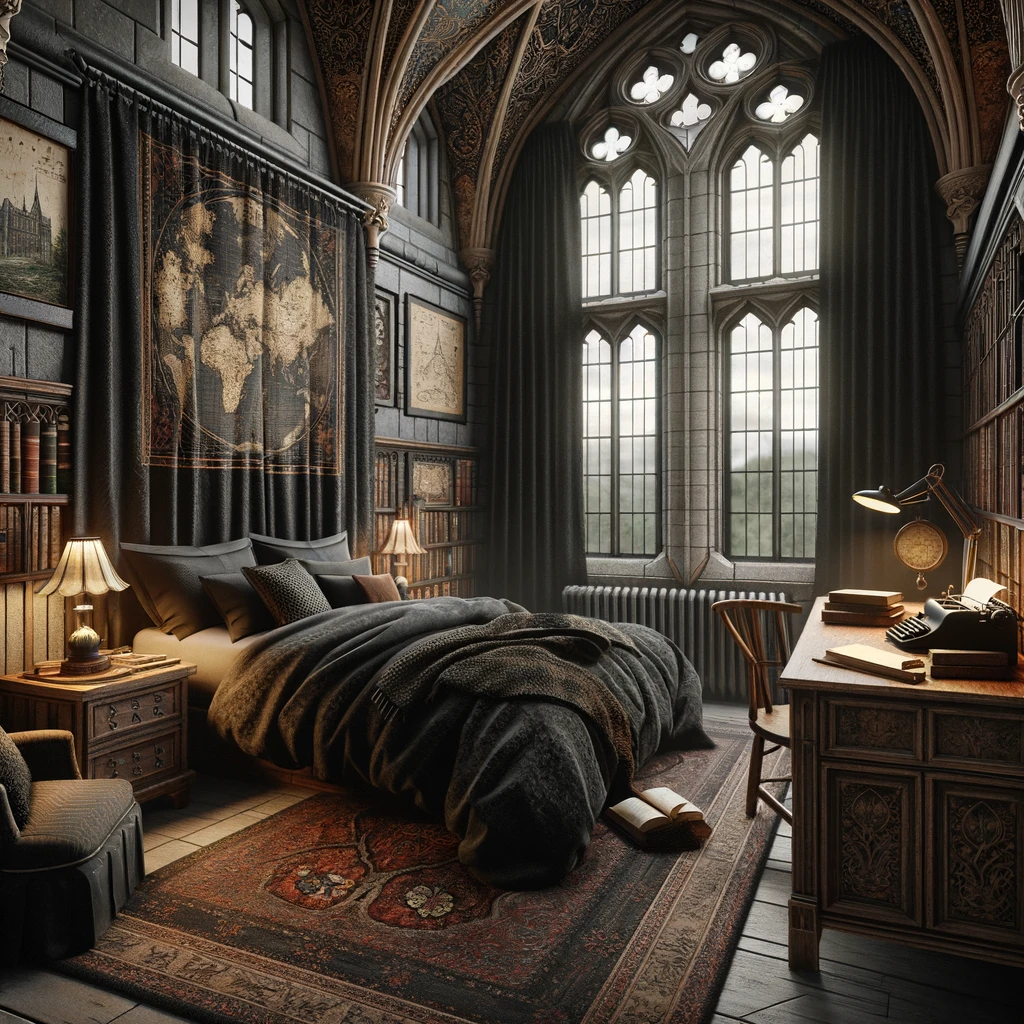 Gothic bedroom in a dark academia style