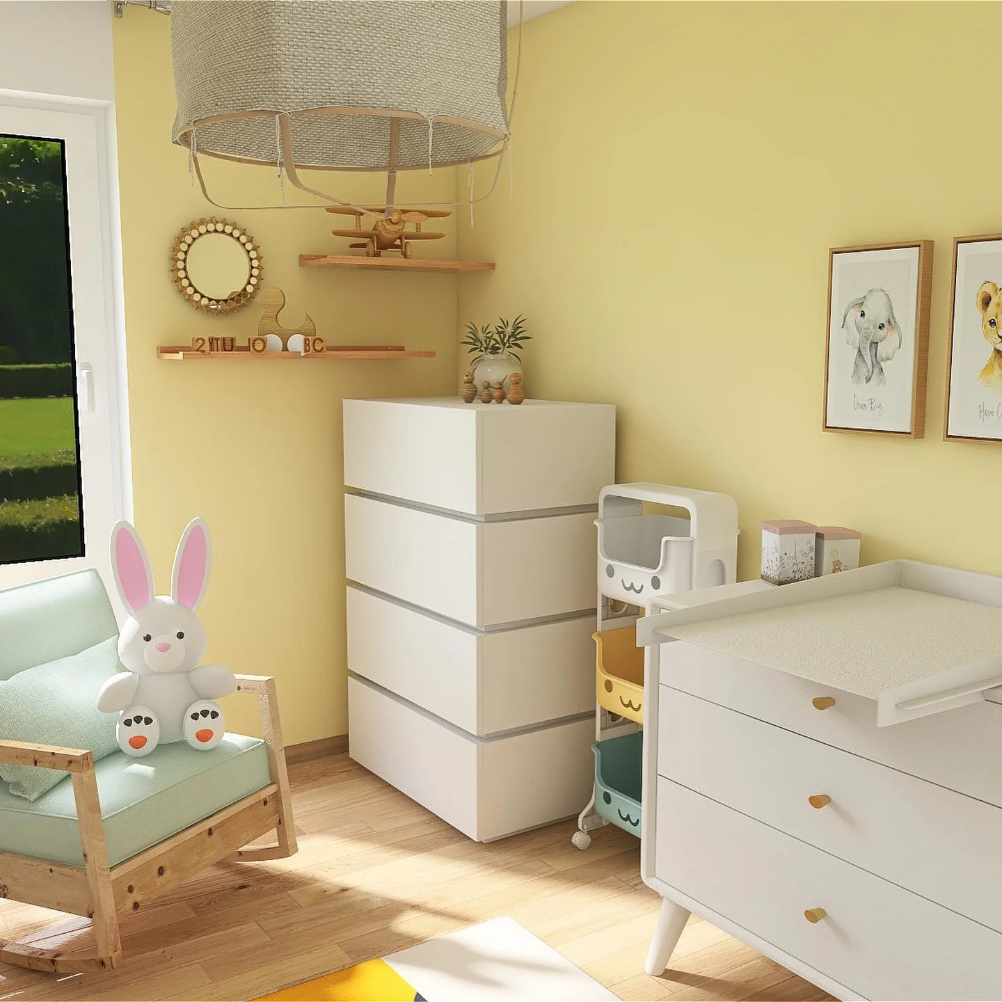 Nursery painted in pastel yellow, Dayroom yellow by Farrow and Ball